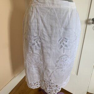 Vtg 90s White Linen Pencil Skirt Lace Inset Cut Work Embroidery XL Cottagecore